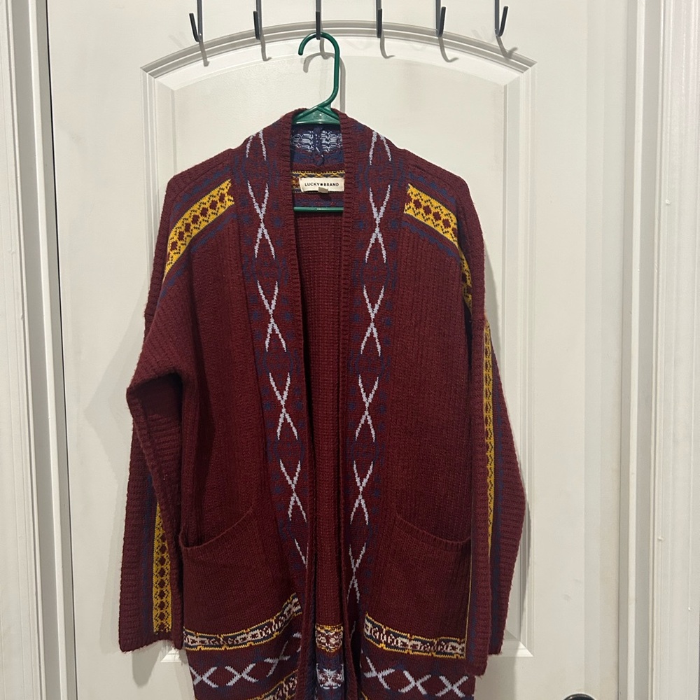 Lucky Brand Burgundy and Yellow Patterned Cardigan